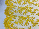 Lace Sequins Fabric - Yellow - Corded Flower Embroidery Design Mesh Fabric By The Yard