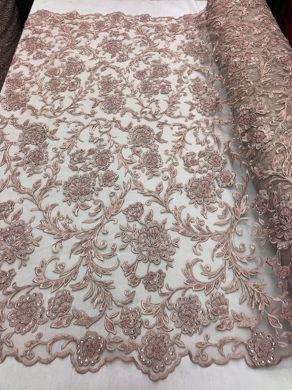 Beaded Floral - BLUSH - Luxury Wedding Bridal Embroidery Lace Fabric Sold By The Yard