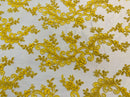 Lace Sequins Fabric - Yellow - Corded Flower Embroidery Design Mesh Fabric By The Yard