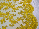 Lace Sequins Fabric - Yellow - Corded Flower Embroidery Design Mesh Fabric By The Yard