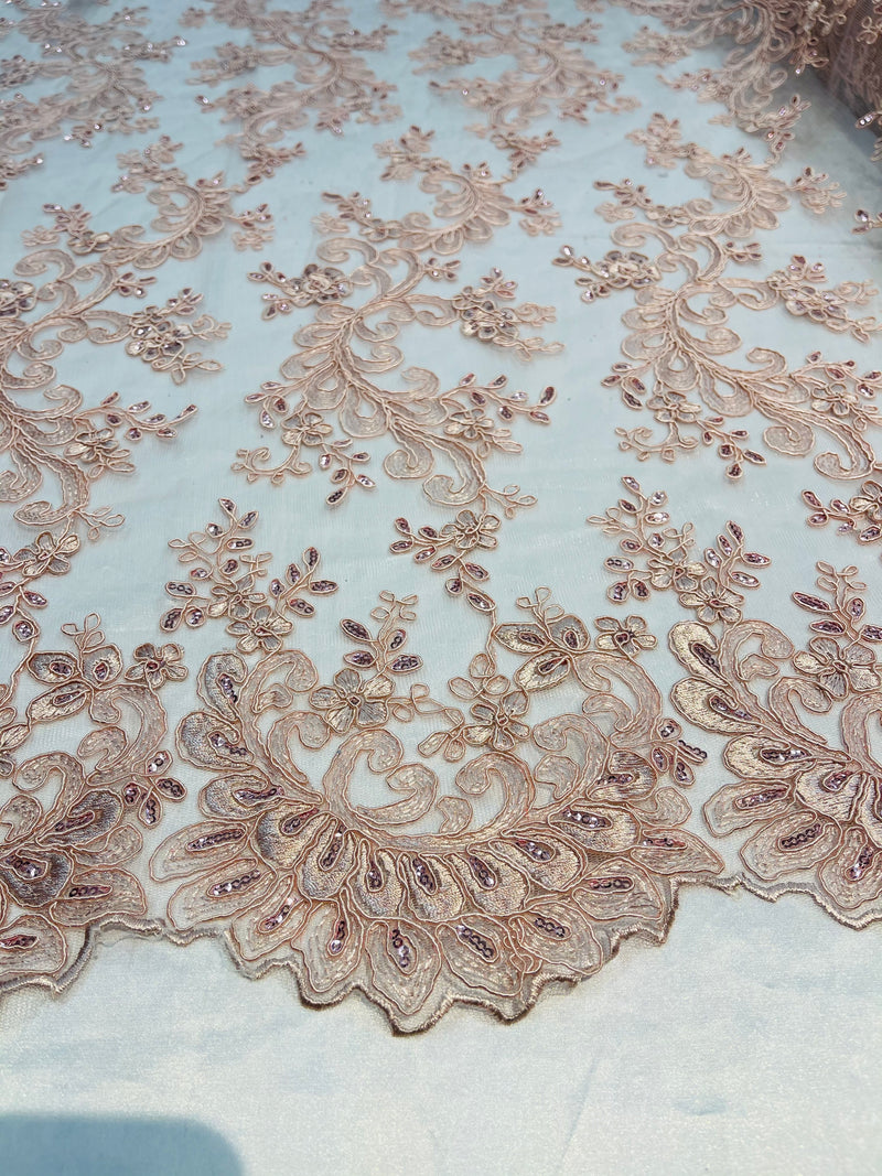 Lace Sequins Fabric - Blush - Corded Flower Embroidery Design Mesh Fabric By The Yard