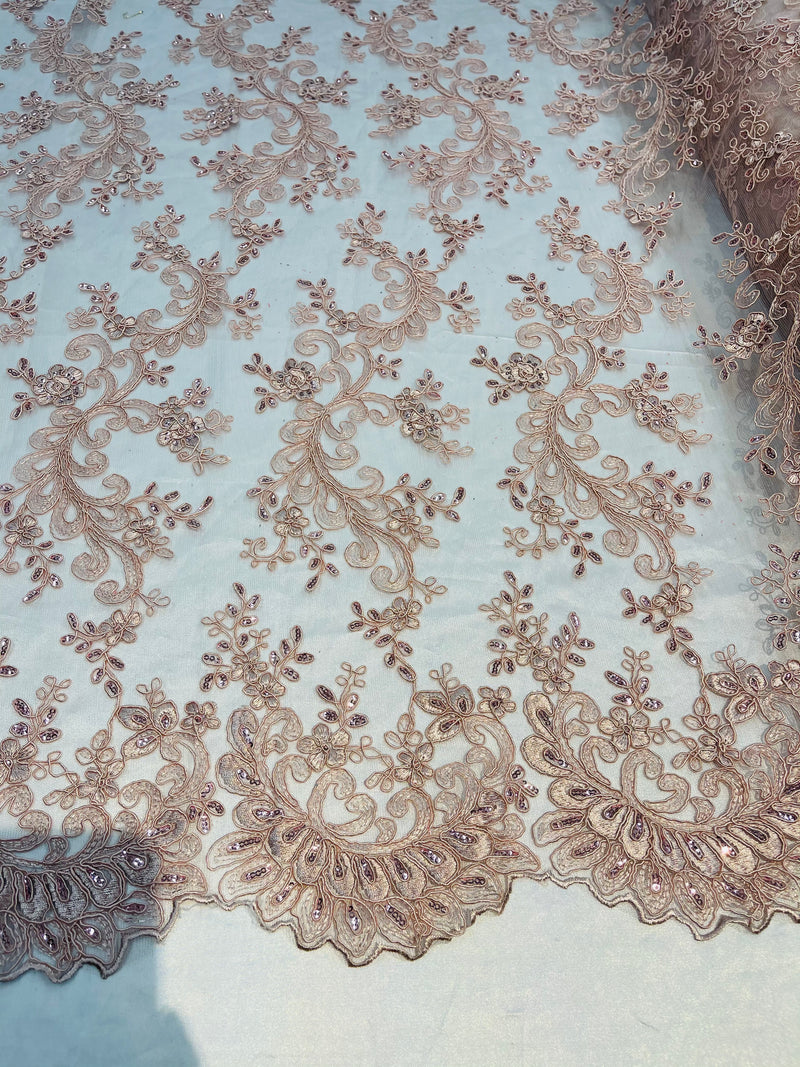 Lace Sequins Fabric - Blush - Corded Flower Embroidery Design Mesh Fabric By The Yard