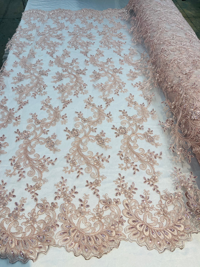 Lace Sequins Fabric - Blush - Corded Flower Embroidery Design Mesh Fabric By The Yard