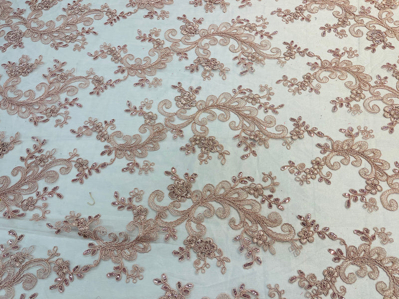 Lace Sequins Fabric - Blush - Corded Flower Embroidery Design Mesh Fabric By The Yard