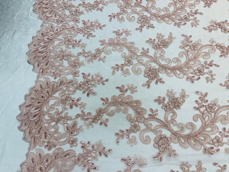 Lace Sequins Fabric - Blush - Corded Flower Embroidery Design Mesh Fabric By The Yard