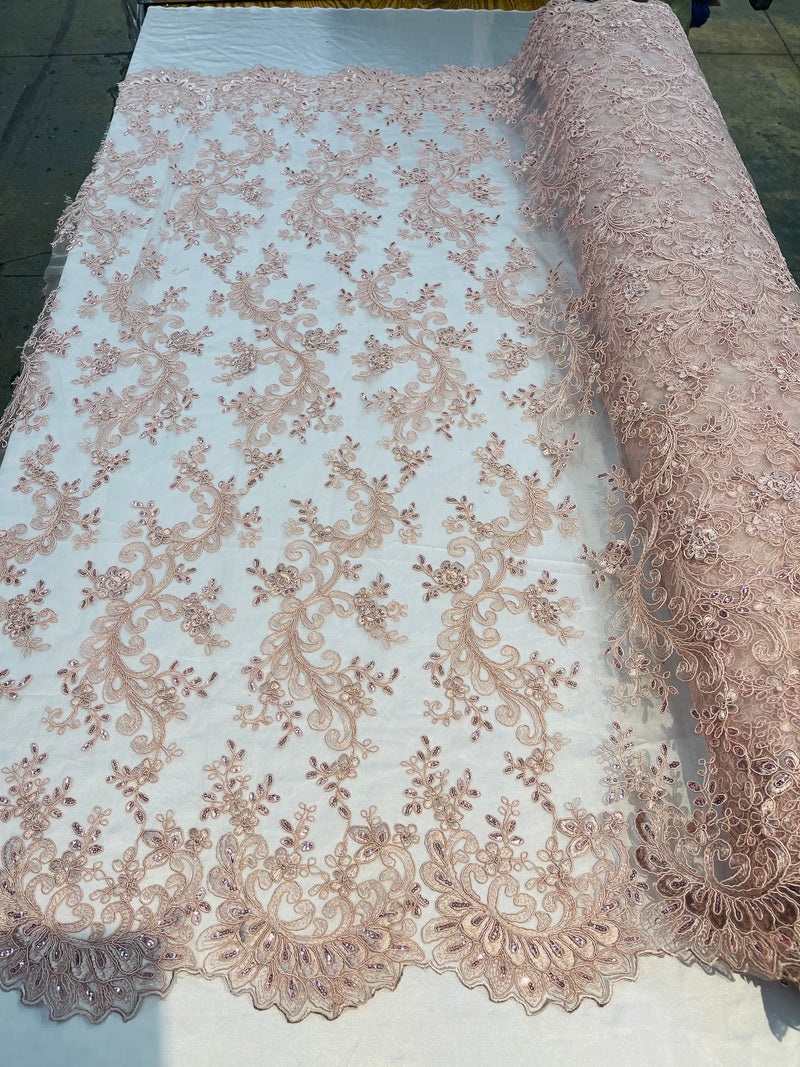 Lace Sequins Fabric - Blush - Corded Flower Embroidery Design Mesh Fabric By The Yard