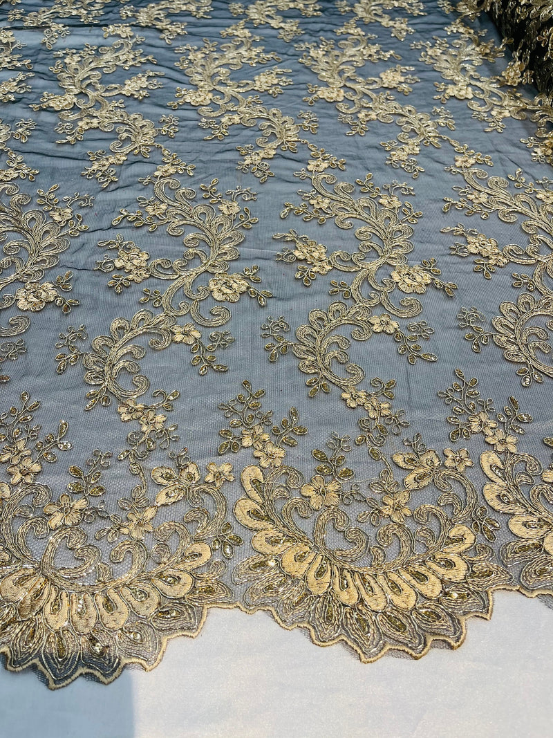 Lace Sequins Fabric - Champagne with Black - Corded Flower Embroidery Design Mesh Fabric By The Yard