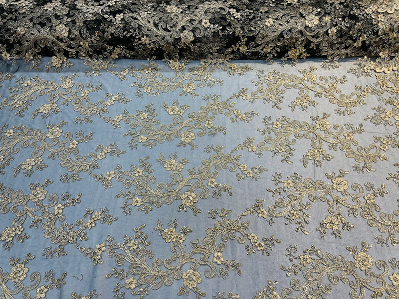 Lace Sequins Fabric - Champagne with Black - Corded Flower Embroidery Design Mesh Fabric By The Yard