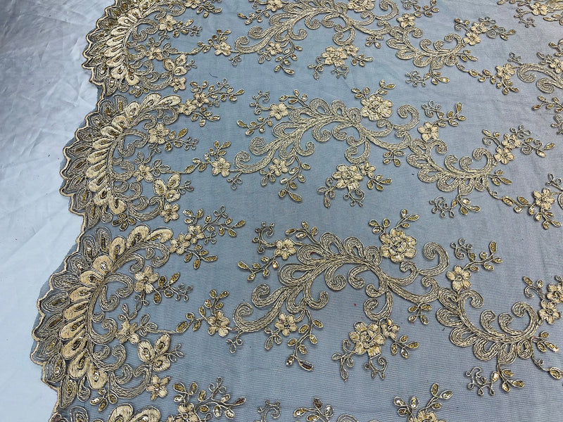 Lace Sequins Fabric - Champagne with Black - Corded Flower Embroidery Design Mesh Fabric By The Yard