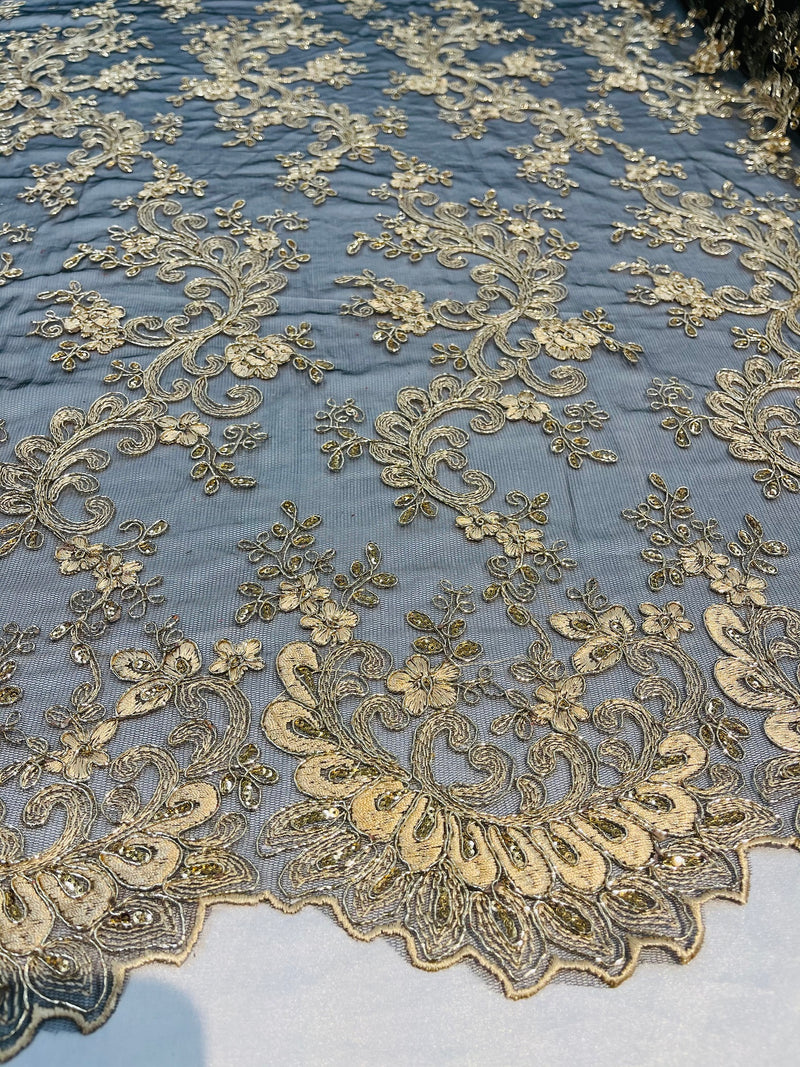 Lace Sequins Fabric - Champagne with Black - Corded Flower Embroidery Design Mesh Fabric By The Yard