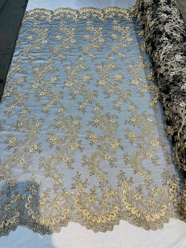 Lace Sequins Fabric - Champagne with Black - Corded Flower Embroidery Design Mesh Fabric By The Yard