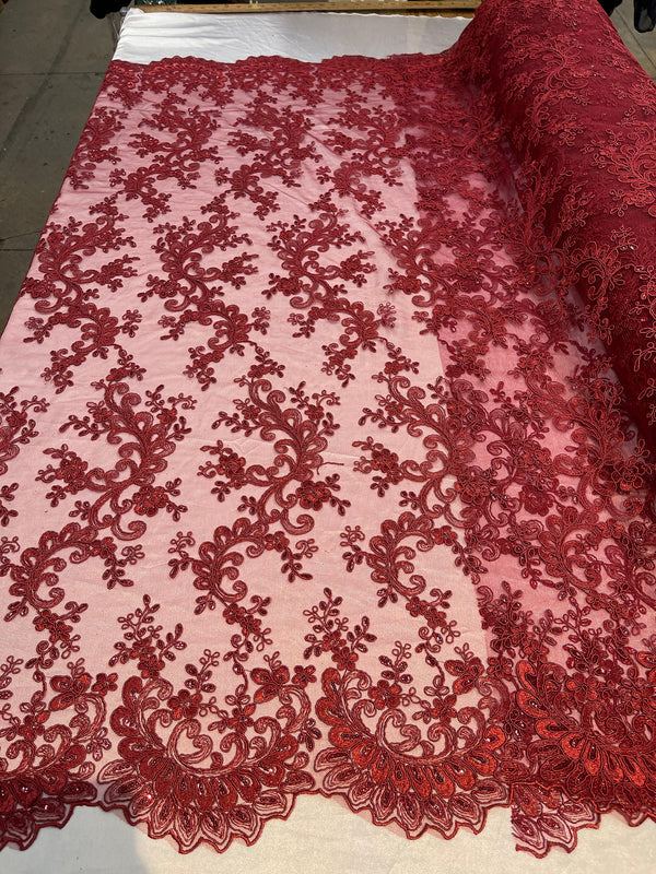 Lace Sequins Fabric - Burgundy - Corded Flower Embroidery Design Mesh Fabric By The Yard