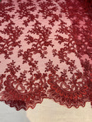 Lace Sequins Fabric - Burgundy - Corded Flower Embroidery Design Mesh Fabric By The Yard