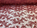 Lace Sequins Fabric - Burgundy - Corded Flower Embroidery Design Mesh Fabric By The Yard