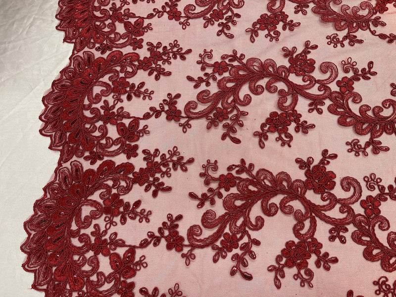 Lace Sequins Fabric - Burgundy - Corded Flower Embroidery Design Mesh Fabric By The Yard