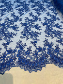 Lace Sequins Fabric - Royal Blue - Corded Flower Embroidery Design Mesh Fabric By The Yard