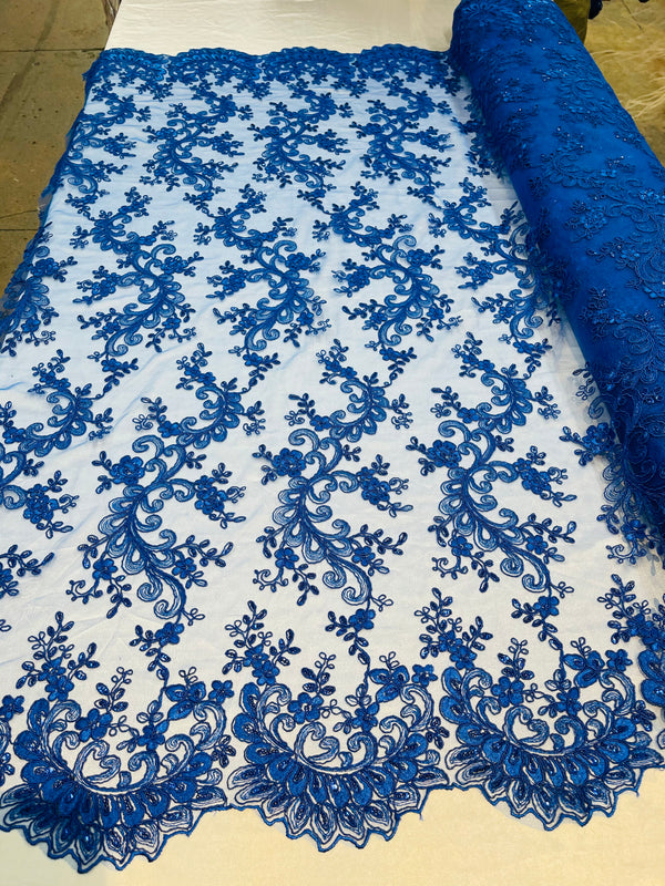 Lace Sequins Fabric - Royal Blue - Corded Flower Embroidery Design Mesh Fabric By The Yard