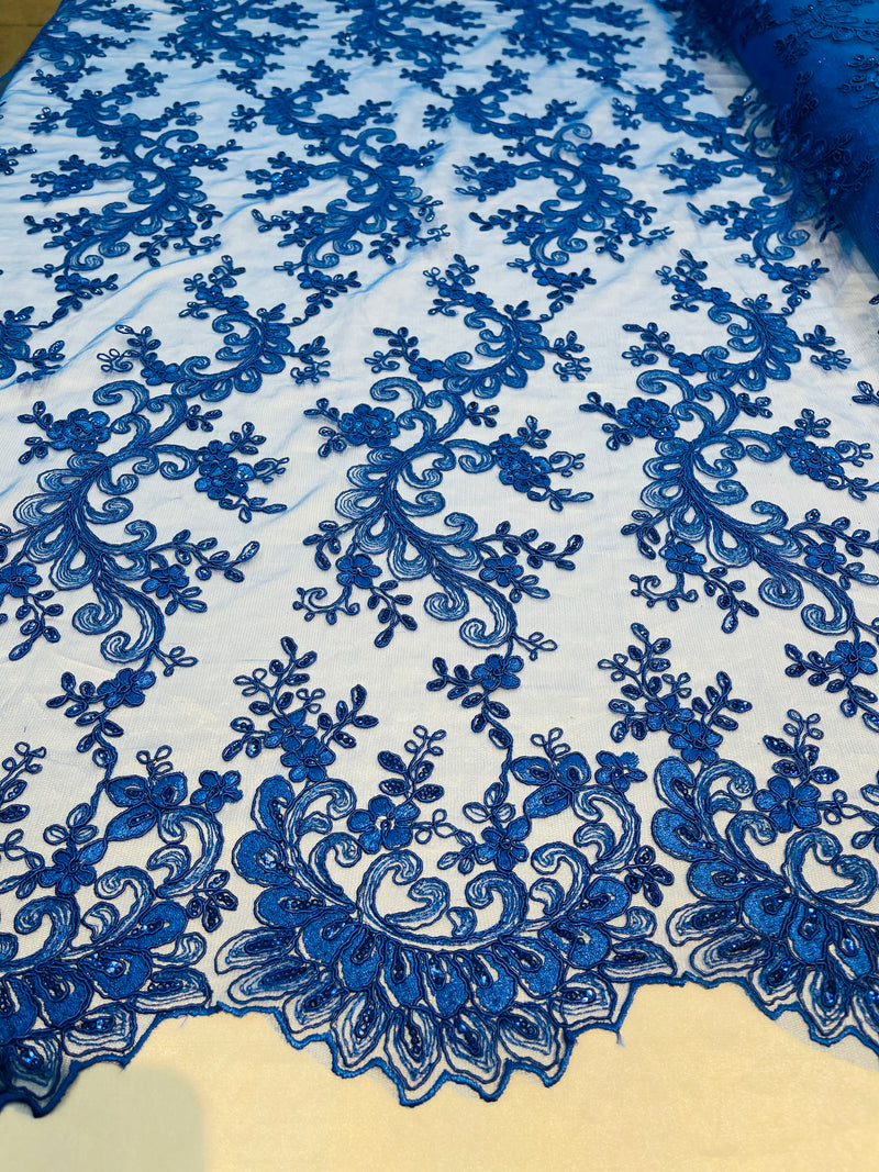 Lace Sequins Fabric - Royal Blue - Corded Flower Embroidery Design Mesh Fabric By The Yard