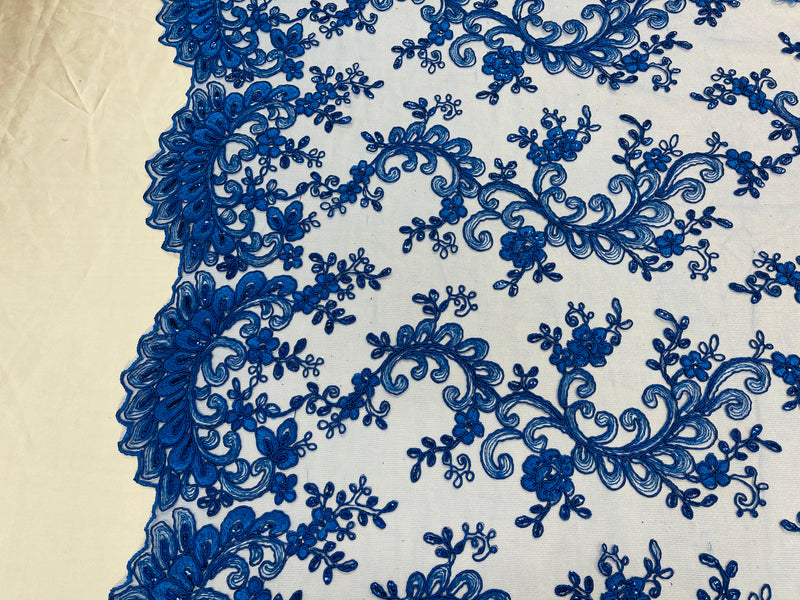 Lace Sequins Fabric - Royal Blue - Corded Flower Embroidery Design Mesh Fabric By The Yard