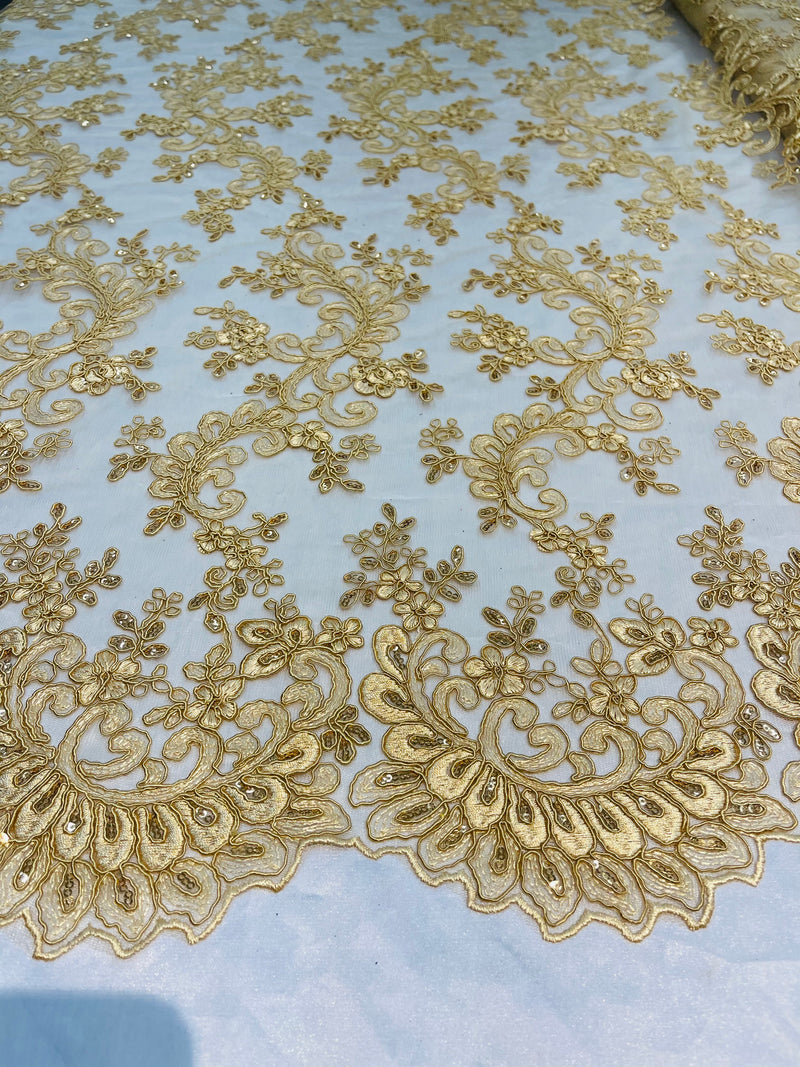 Lace Sequins Fabric - Gold - Corded Flower Embroidery Design Mesh Fabric By The Yard