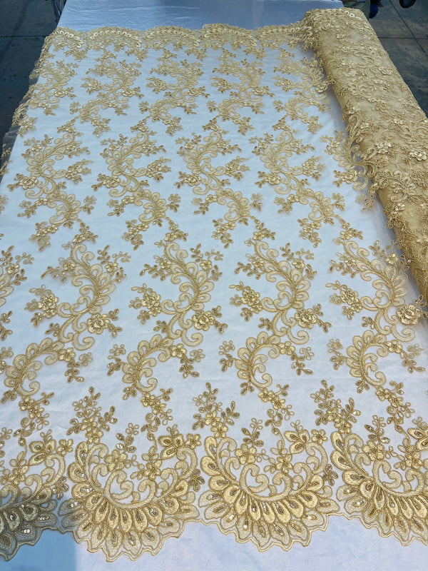 Lace Sequins Fabric - Gold - Corded Flower Embroidery Design Mesh Fabric By The Yard