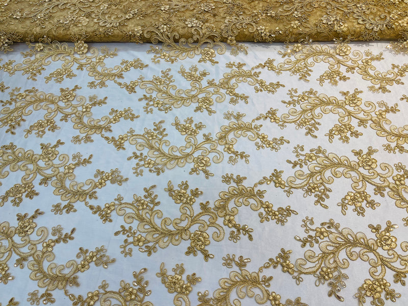 Lace Sequins Fabric - Gold - Corded Flower Embroidery Design Mesh Fabric By The Yard