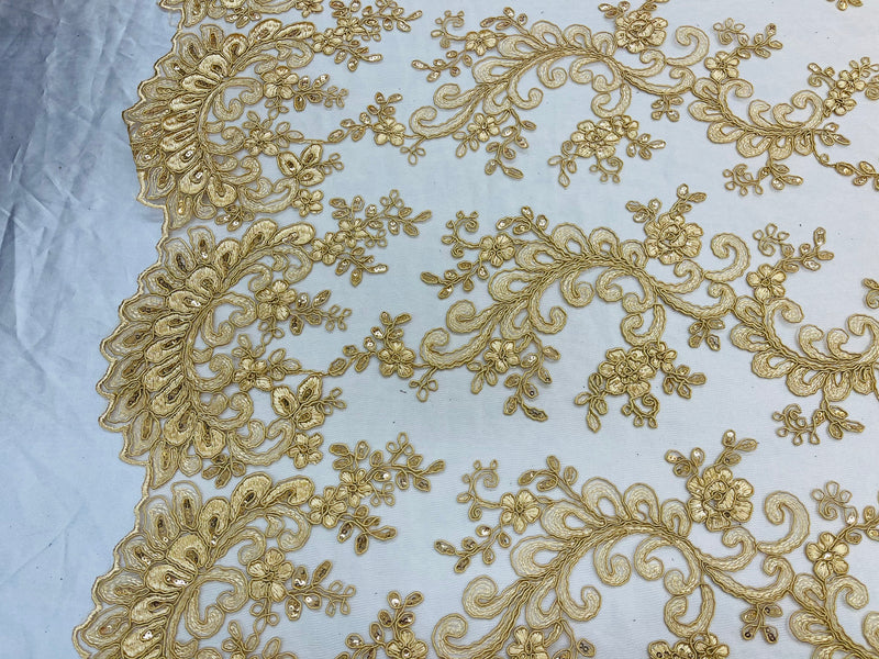 Lace Sequins Fabric - Gold - Corded Flower Embroidery Design Mesh Fabric By The Yard