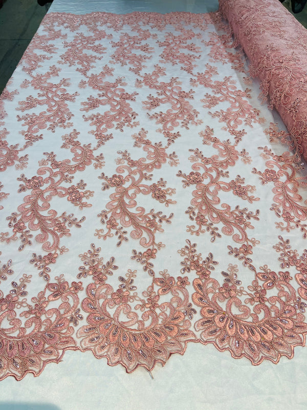 Lace Sequins Fabric - Dusty Rose - Corded Flower Embroidery Design Mesh Fabric By The Yard