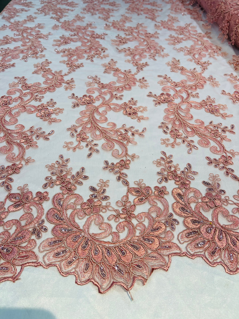 Lace Sequins Fabric - Dusty Rose - Corded Flower Embroidery Design Mesh Fabric By The Yard