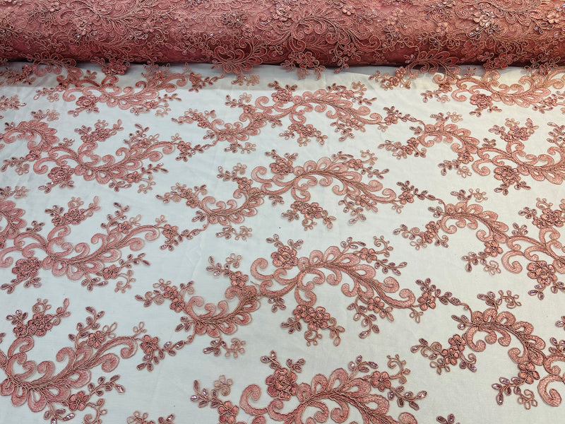 Lace Sequins Fabric - Dusty Rose - Corded Flower Embroidery Design Mesh Fabric By The Yard