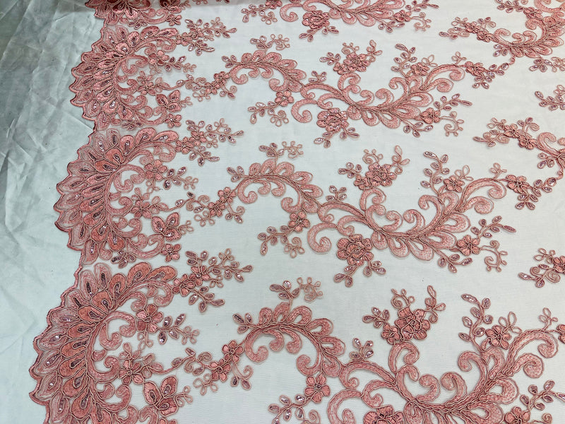 Lace Sequins Fabric - Dusty Rose - Corded Flower Embroidery Design Mesh Fabric By The Yard