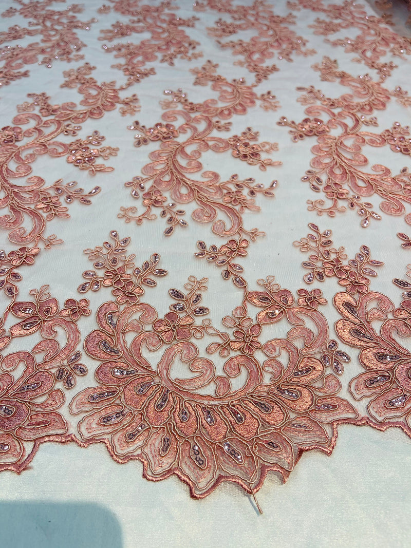 Lace Sequins Fabric - Dusty Rose - Corded Flower Embroidery Design Mesh Fabric By The Yard