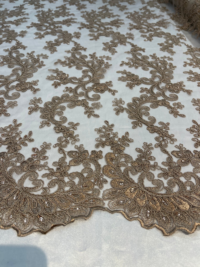 Lace Sequins Fabric - Coffee - Corded Flower Embroidery Design Mesh Fabric By The Yard