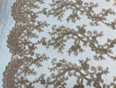 Lace Sequins Fabric - Coffee - Corded Flower Embroidery Design Mesh Fabric By The Yard