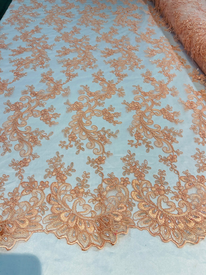 Lace Sequins Fabric - Peach - Corded Flower Embroidery Design Mesh Fabric By The Yard
