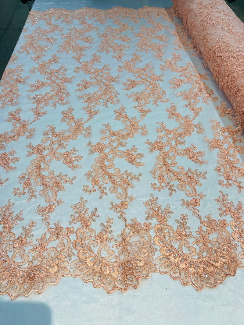 Lace Sequins Fabric - Peach - Corded Flower Embroidery Design Mesh Fabric By The Yard