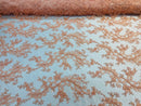 Lace Sequins Fabric - Peach - Corded Flower Embroidery Design Mesh Fabric By The Yard