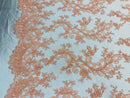 Lace Sequins Fabric - Peach - Corded Flower Embroidery Design Mesh Fabric By The Yard