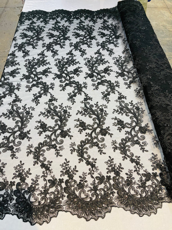 Lace Sequins Fabric - Black - Corded Flower Embroidery Design Mesh Fabric By The Yard