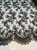 Lace Sequins Fabric - Black - Corded Flower Embroidery Design Mesh Fabric By The Yard