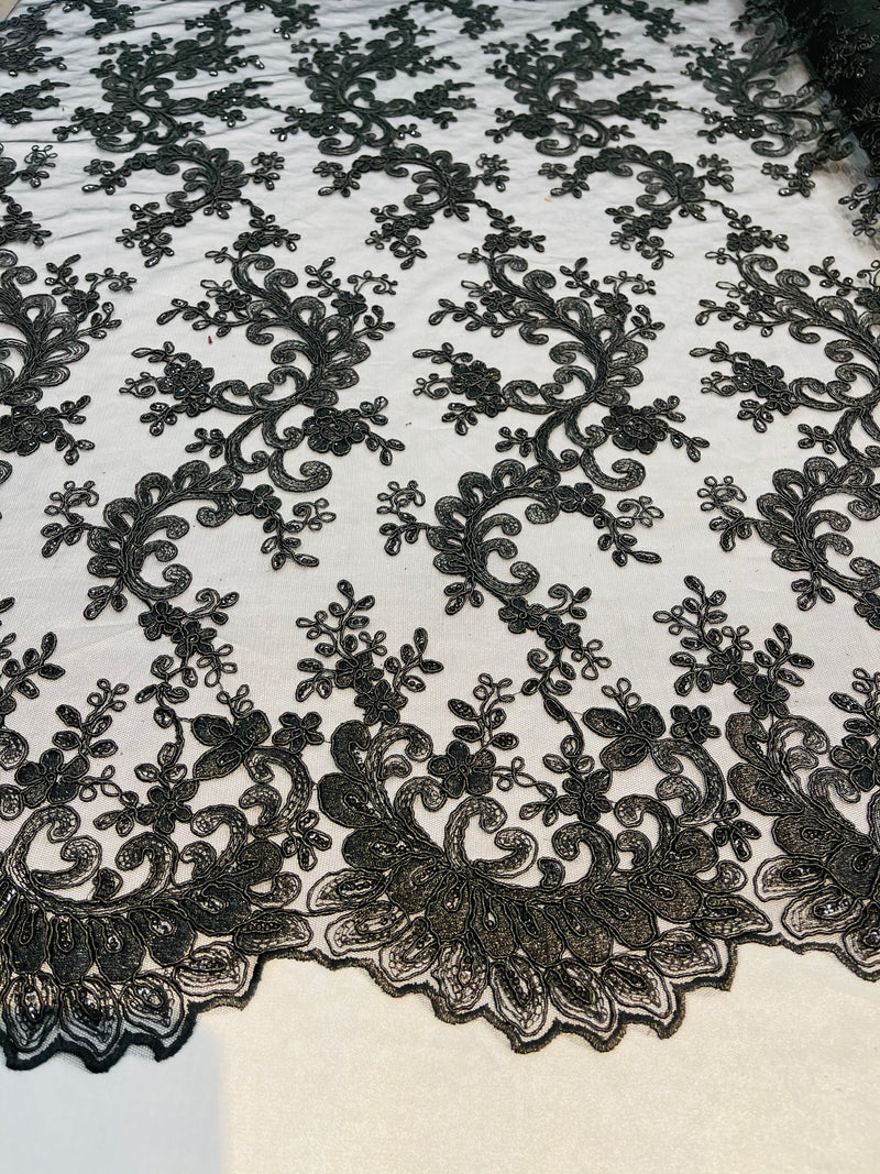 Lace Sequins Fabric - Black - Corded Flower Embroidery Design Mesh Fabric By The Yard