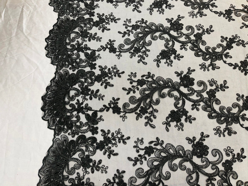 Lace Sequins Fabric - Black - Corded Flower Embroidery Design Mesh Fabric By The Yard