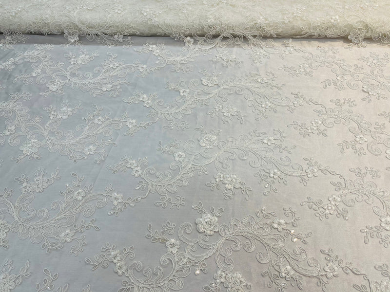 Lace Sequins Fabric - Ivory - Corded Flower Embroidery Design Mesh Fabric By The Yard