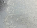 Lace Sequins Fabric - Ivory - Corded Flower Embroidery Design Mesh Fabric By The Yard