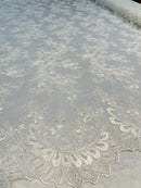 Lace Sequins Fabric - Ivory - Corded Flower Embroidery Design Mesh Fabric By The Yard