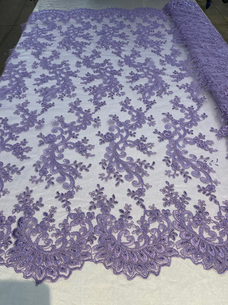 Lace Sequins Fabric - Lilac - Corded Flower Embroidery Design Mesh Fabric By The Yard