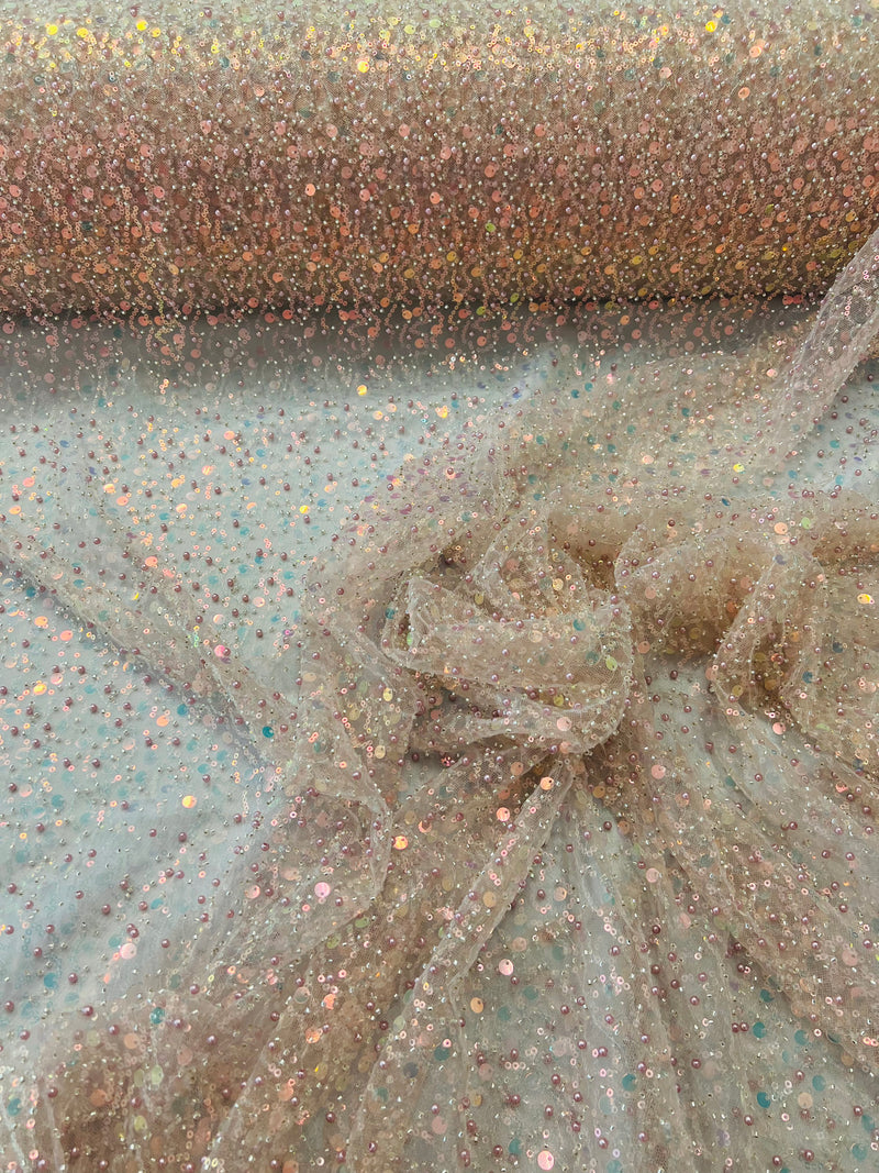 Beaded Mesh Fabric - Blush - Embroidered Beaded Wedding Bridal Fabric By The Yard