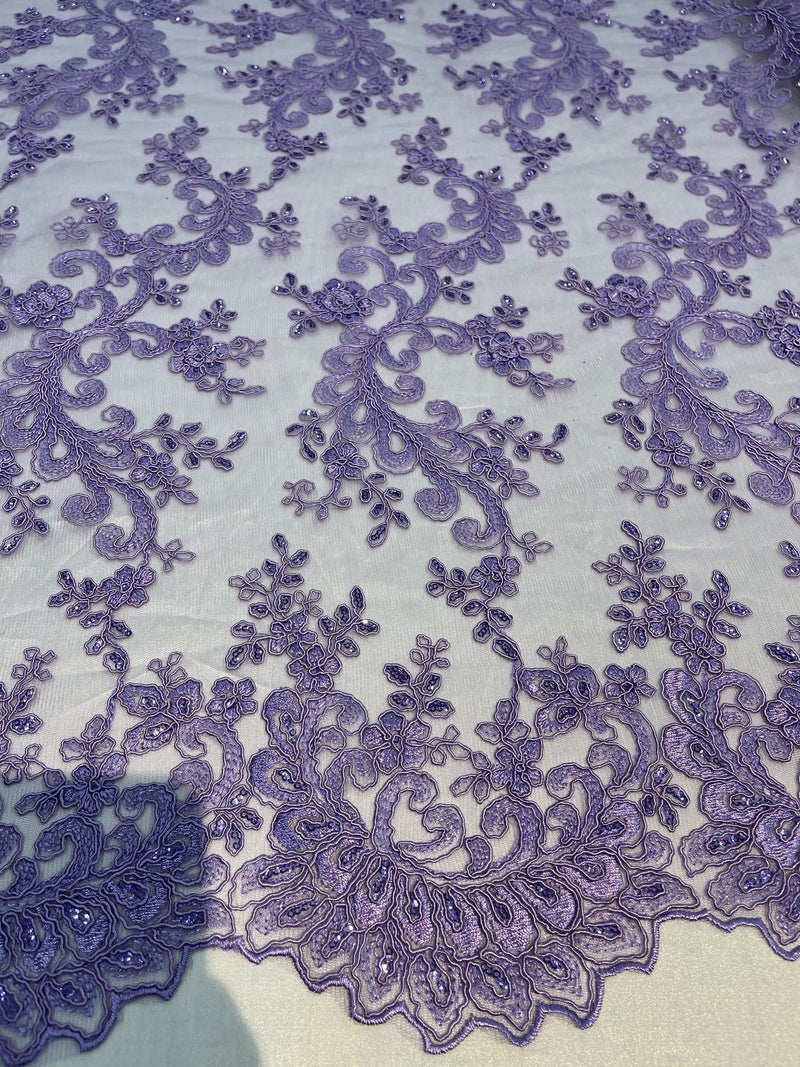 Lace Sequins Fabric - Lilac - Corded Flower Embroidery Design Mesh Fabric By The Yard