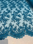 Lace Sequins Fabric - Turquoise - Corded Flower Embroidery Design Mesh Fabric By The Yard