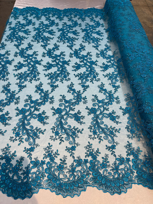 Lace Sequins Fabric - Turquoise - Corded Flower Embroidery Design Mesh Fabric By The Yard